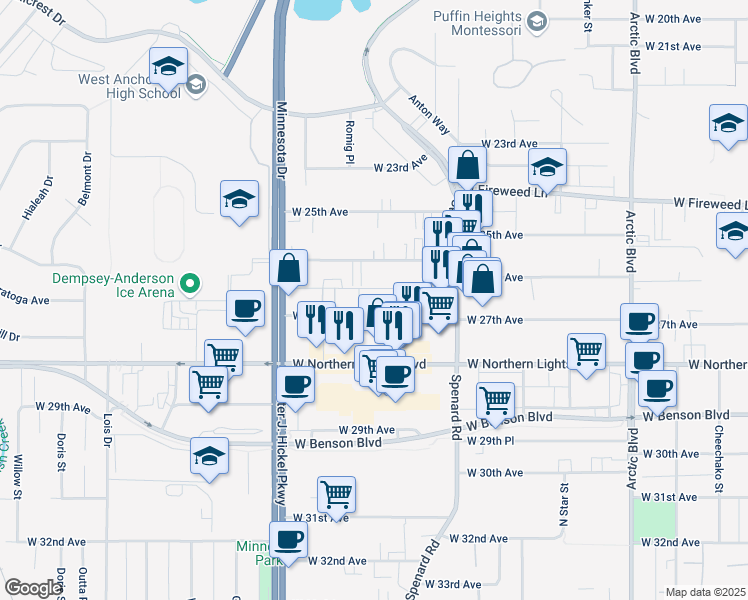 map of restaurants, bars, coffee shops, grocery stores, and more near 1326 West 26th Avenue in Anchorage