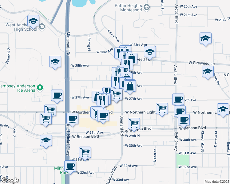 map of restaurants, bars, coffee shops, grocery stores, and more near 1231 West 27th Avenue in Anchorage