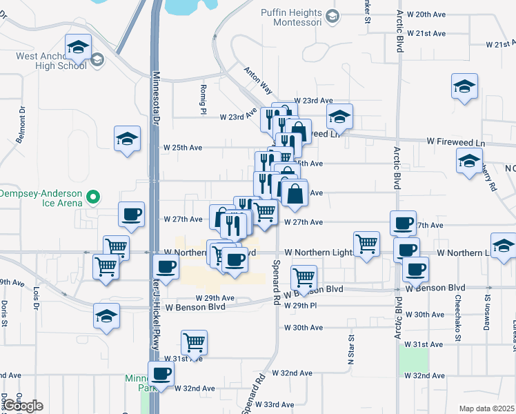 map of restaurants, bars, coffee shops, grocery stores, and more near 1231 West 27th Avenue in Anchorage