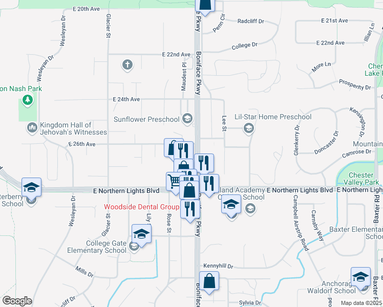 map of restaurants, bars, coffee shops, grocery stores, and more near 5440 East 26th Avenue in Anchorage