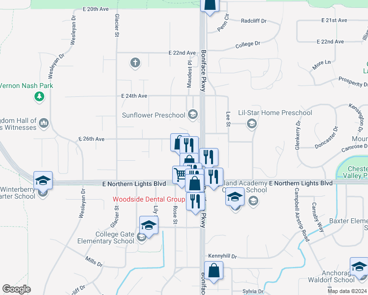map of restaurants, bars, coffee shops, grocery stores, and more near 5440 East 26th Avenue in Anchorage