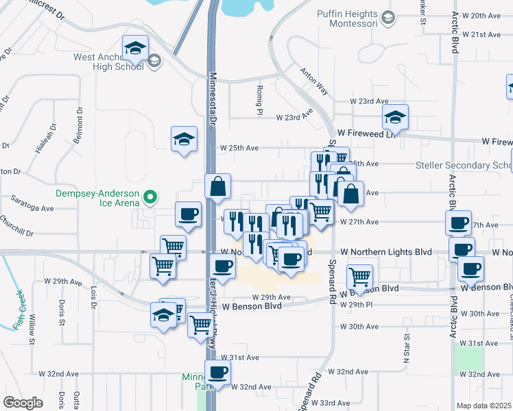 map of restaurants, bars, coffee shops, grocery stores, and more near 1405 West 27th Avenue in Anchorage