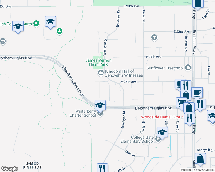 map of restaurants, bars, coffee shops, grocery stores, and more near 2604 Aspen Heights Loop in Anchorage
