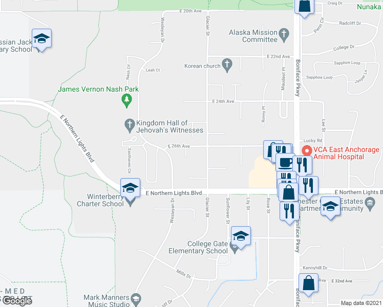 map of restaurants, bars, coffee shops, grocery stores, and more near 2605 Palmer Court in Anchorage