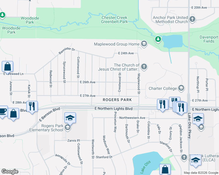map of restaurants, bars, coffee shops, grocery stores, and more near 2601 Galewood Street in Anchorage