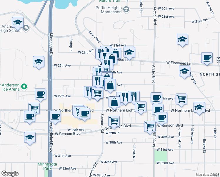 map of restaurants, bars, coffee shops, grocery stores, and more near 2555 Spenard Road in Anchorage