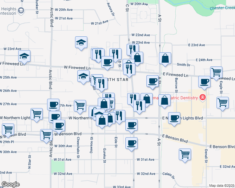 map of restaurants, bars, coffee shops, grocery stores, and more near 2602 Eide Street in Anchorage