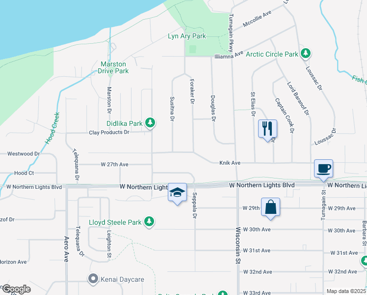 map of restaurants, bars, coffee shops, grocery stores, and more near 3315 Knik Avenue in Anchorage