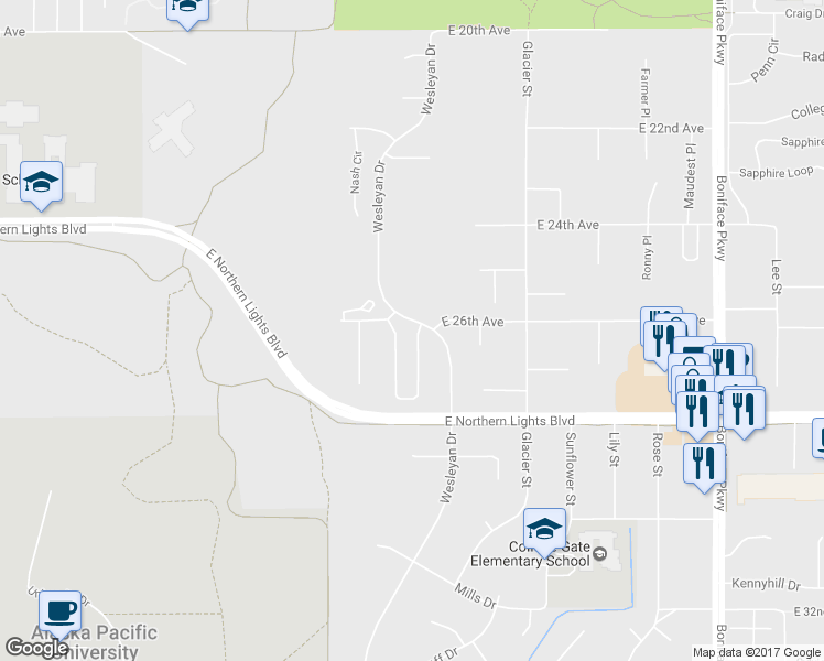 map of restaurants, bars, coffee shops, grocery stores, and more near 2683 Aspen Heights Loop in Anchorage