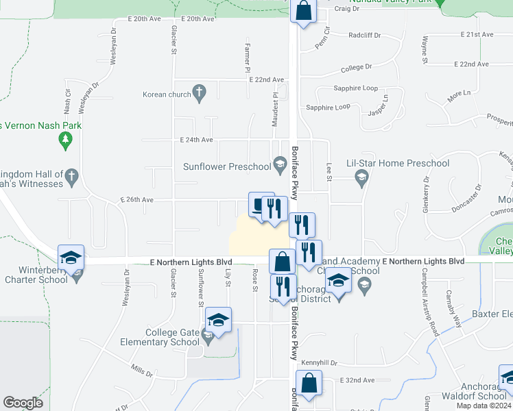 map of restaurants, bars, coffee shops, grocery stores, and more near 5310 East 26th Avenue in Anchorage