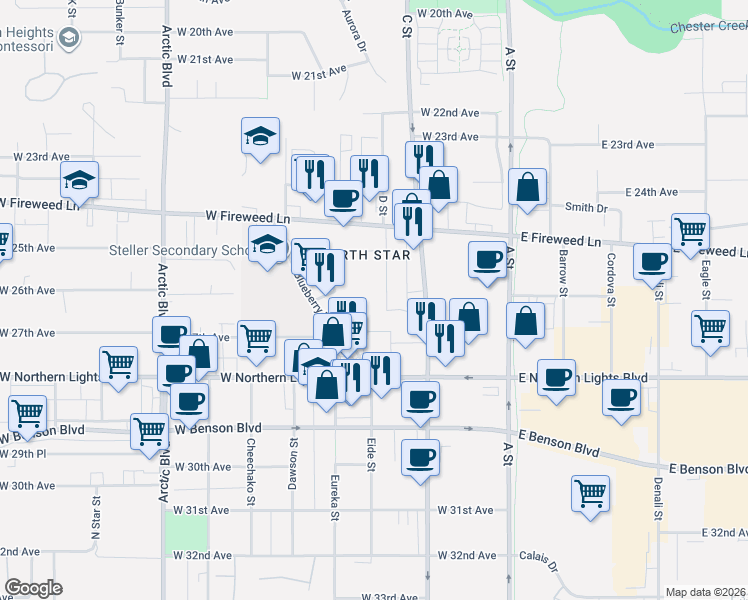 map of restaurants, bars, coffee shops, grocery stores, and more near 2602 Eide Street in Anchorage