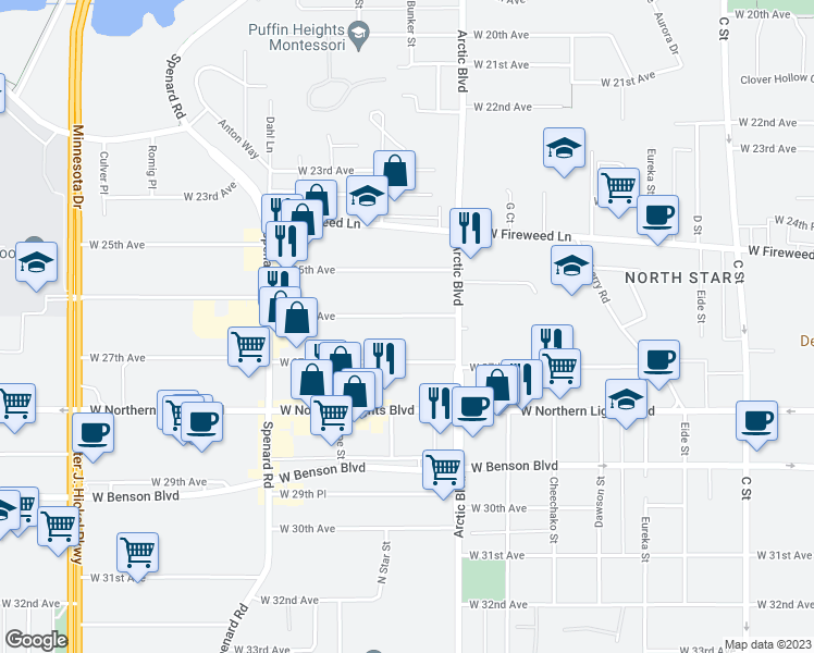 map of restaurants, bars, coffee shops, grocery stores, and more near 826 West 26th Avenue in Anchorage