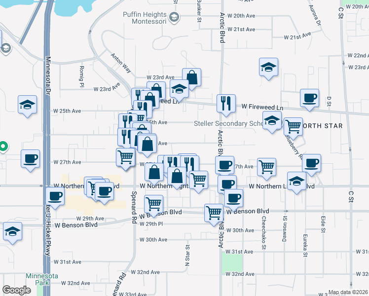 map of restaurants, bars, coffee shops, grocery stores, and more near 926 West 26th Avenue in Anchorage