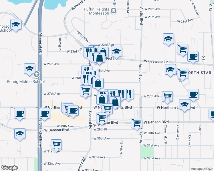 map of restaurants, bars, coffee shops, grocery stores, and more near 1038 West 26th Avenue in Anchorage