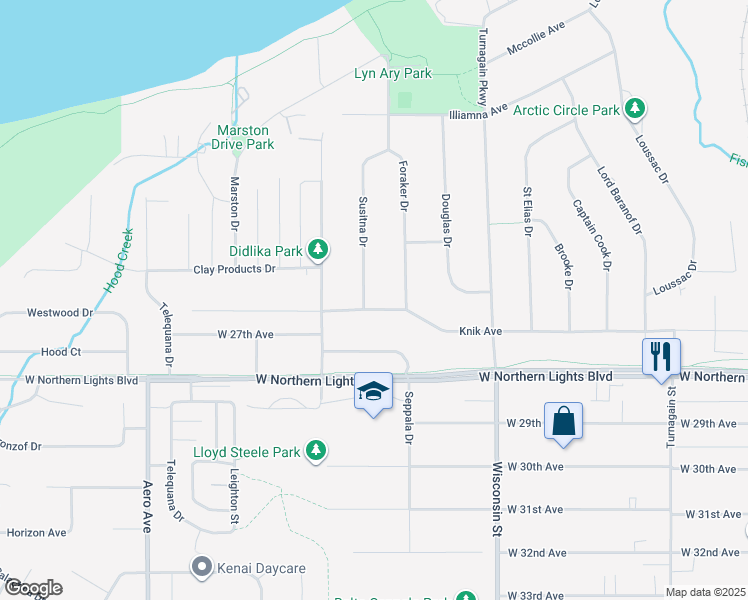 map of restaurants, bars, coffee shops, grocery stores, and more near 3315 Knik Avenue in Anchorage