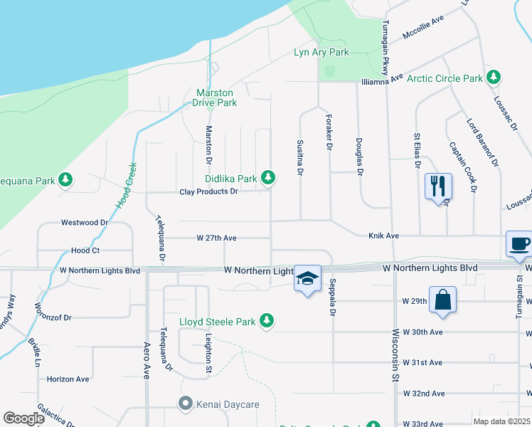 map of restaurants, bars, coffee shops, grocery stores, and more near 3505 Knik Avenue in Anchorage