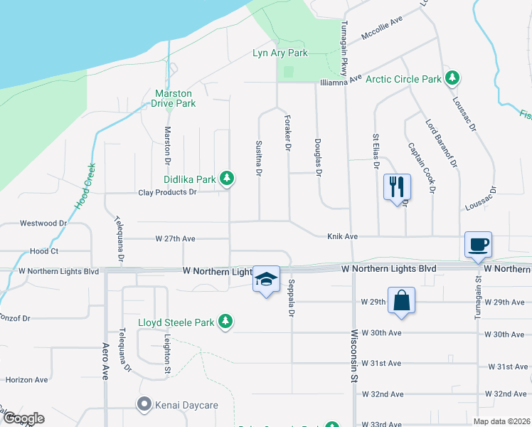 map of restaurants, bars, coffee shops, grocery stores, and more near 3315 Knik Avenue in Anchorage