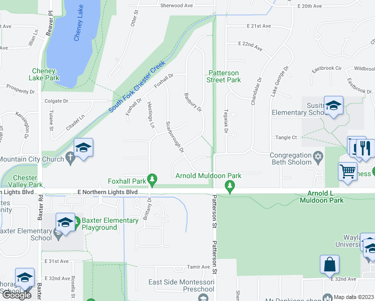 map of restaurants, bars, coffee shops, grocery stores, and more near 2561 Banbury Drive in Anchorage