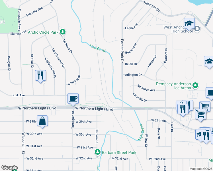 map of restaurants, bars, coffee shops, grocery stores, and more near 2601 La Honda Drive in Anchorage