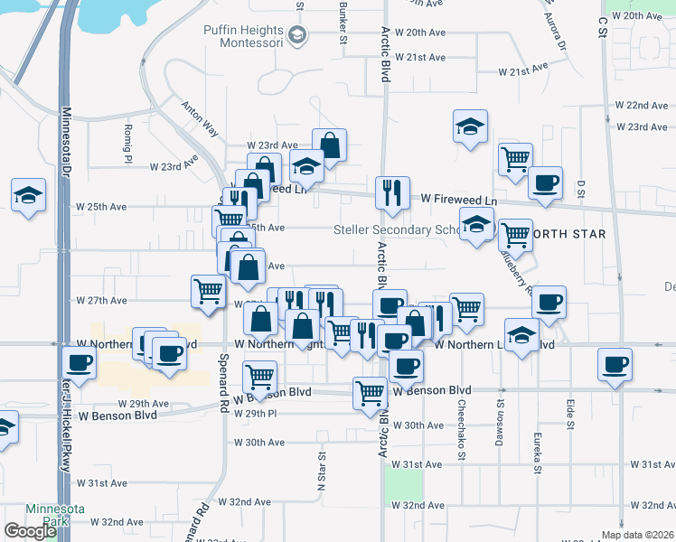 map of restaurants, bars, coffee shops, grocery stores, and more near 826 West 26th Avenue in Anchorage