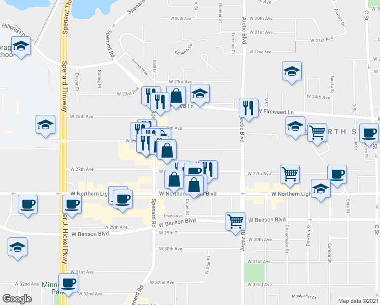 map of restaurants, bars, coffee shops, grocery stores, and more near 1038 West 26th Avenue in Anchorage