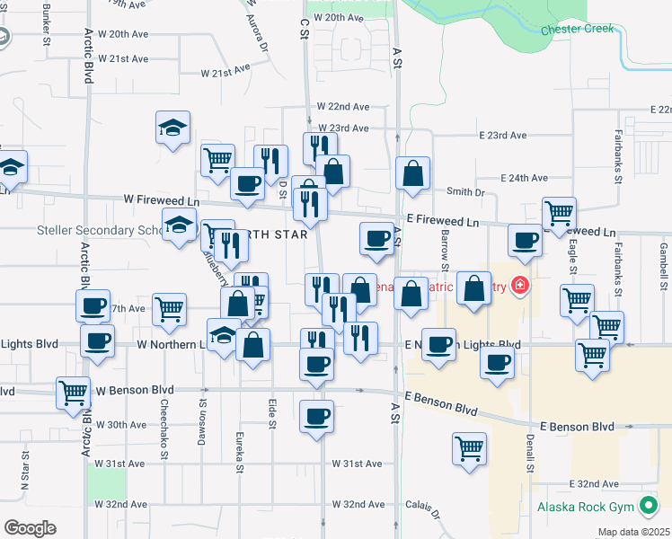 map of restaurants, bars, coffee shops, grocery stores, and more near 2533 C Street in Anchorage