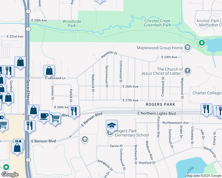 map of restaurants, bars, coffee shops, grocery stores, and more near 2611 Sprucewood Street in Anchorage