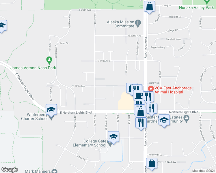 map of restaurants, bars, coffee shops, grocery stores, and more near 5200 East 26th Avenue in Anchorage