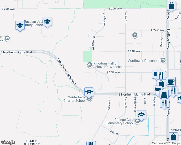 map of restaurants, bars, coffee shops, grocery stores, and more near 2604 Aspen Heights Loop in Anchorage