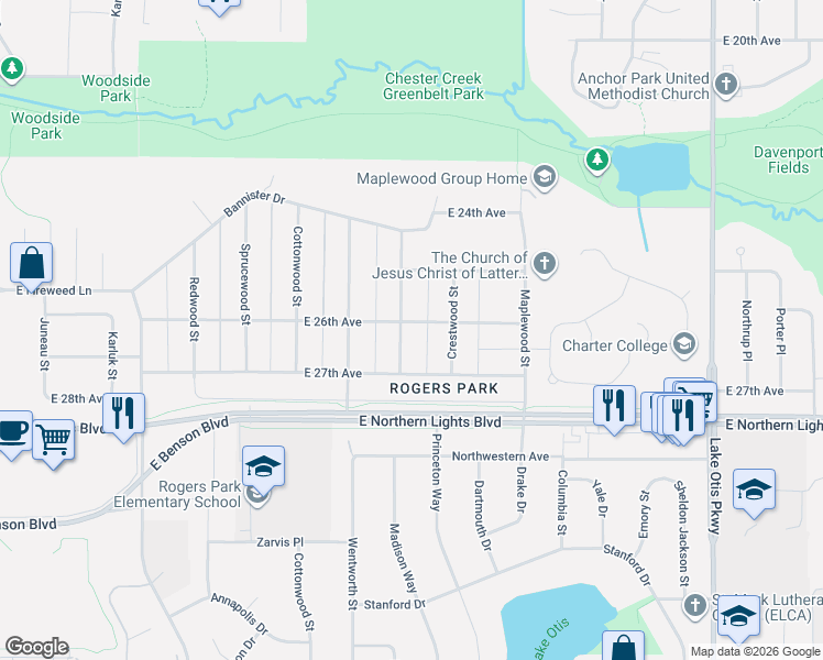map of restaurants, bars, coffee shops, grocery stores, and more near 2601 Galewood Street in Anchorage
