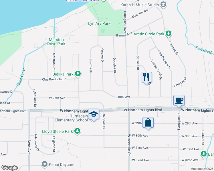 map of restaurants, bars, coffee shops, grocery stores, and more near 2551 Foraker Dr in Anchorage