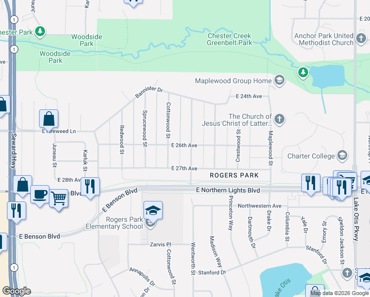 map of restaurants, bars, coffee shops, grocery stores, and more near 1542 East 26th Avenue in Anchorage