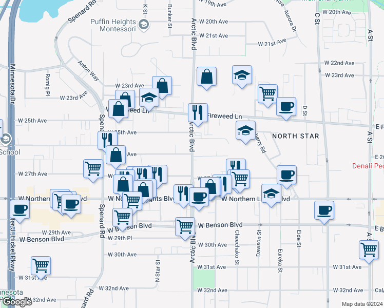 map of restaurants, bars, coffee shops, grocery stores, and more near Arctic Blvd & W 26th Ave in Anchorage