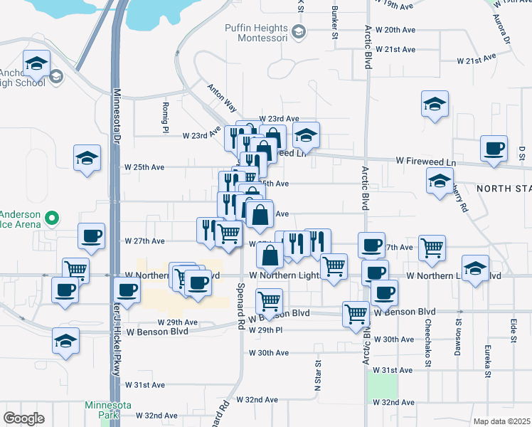 map of restaurants, bars, coffee shops, grocery stores, and more near 2555 Spenard Road in Anchorage