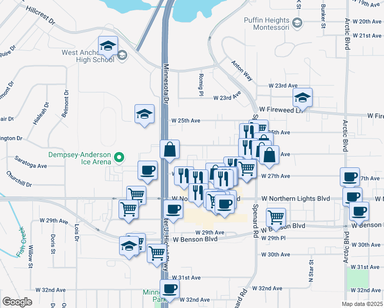 map of restaurants, bars, coffee shops, grocery stores, and more near 1440 West 26th Avenue in Anchorage