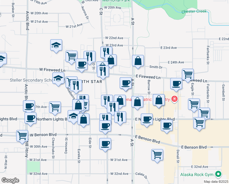 map of restaurants, bars, coffee shops, grocery stores, and more near 2533 C Street in Anchorage