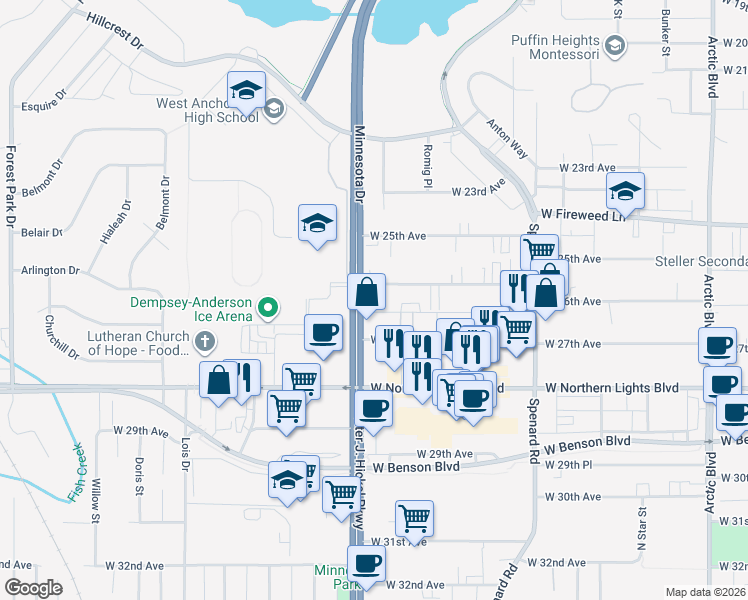 map of restaurants, bars, coffee shops, grocery stores, and more near in Anchorage