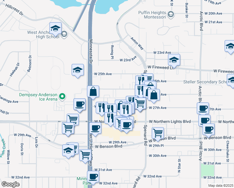 map of restaurants, bars, coffee shops, grocery stores, and more near 1340 West 26th Avenue in Anchorage