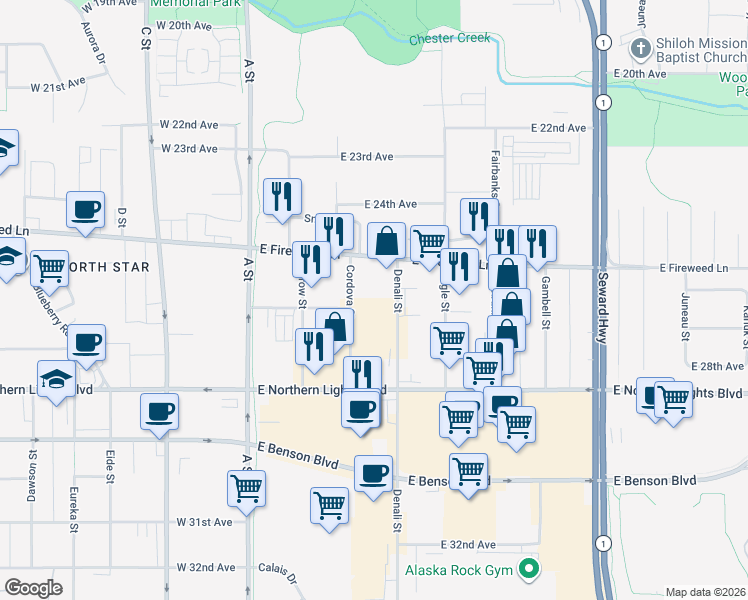 map of restaurants, bars, coffee shops, grocery stores, and more near 2500 Denali Street in Anchorage
