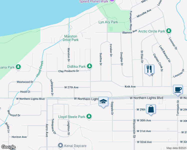 map of restaurants, bars, coffee shops, grocery stores, and more near 3505 Knik Avenue in Anchorage