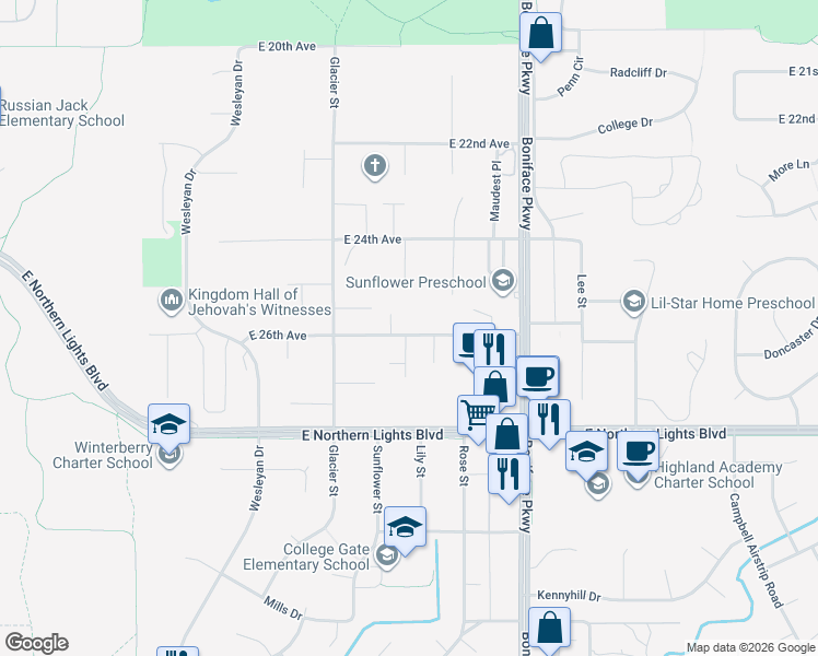 map of restaurants, bars, coffee shops, grocery stores, and more near 5242 East 26th Avenue in Anchorage