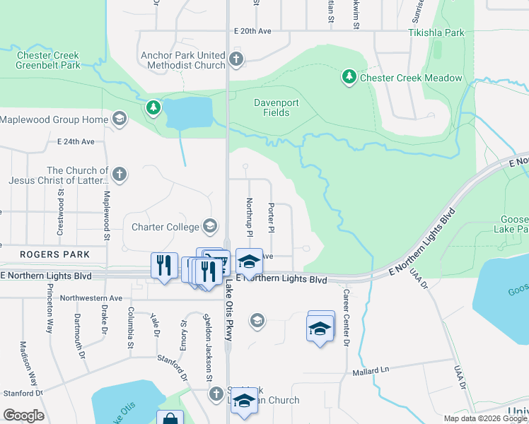 map of restaurants, bars, coffee shops, grocery stores, and more near 2621 Northrup Place in Anchorage
