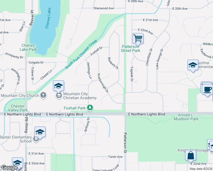map of restaurants, bars, coffee shops, grocery stores, and more near 2561 Banbury Drive in Anchorage