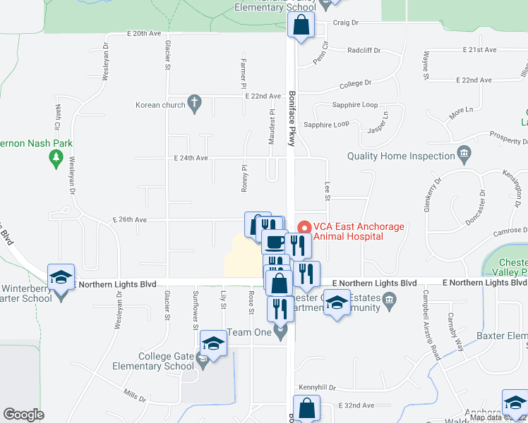 map of restaurants, bars, coffee shops, grocery stores, and more near 5440 East 26th Avenue in Anchorage