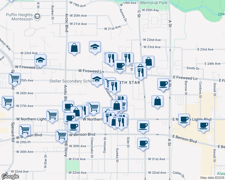 map of restaurants, bars, coffee shops, grocery stores, and more near 2525 Blueberry Road in Anchorage
