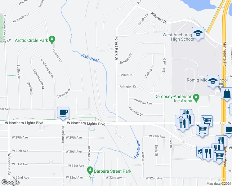 map of restaurants, bars, coffee shops, grocery stores, and more near 2606 Forest Park Drive in Anchorage
