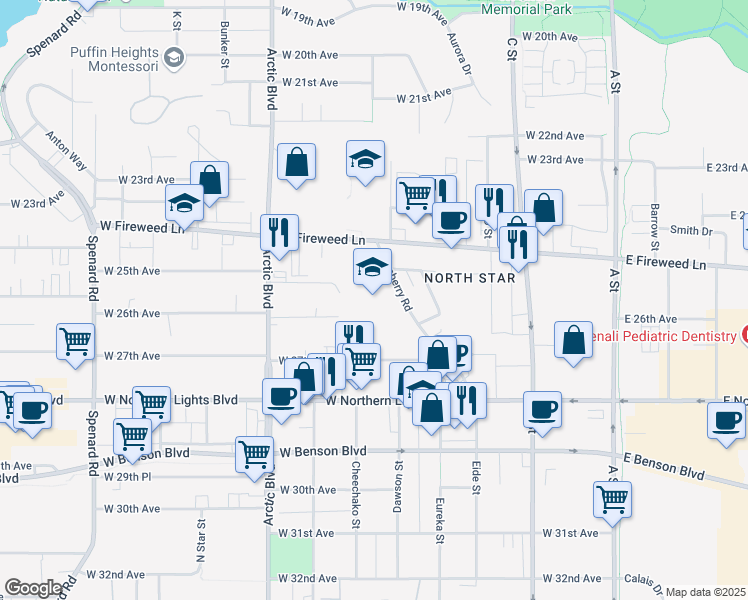 map of restaurants, bars, coffee shops, grocery stores, and more near 2508 Blueberry Road in Anchorage