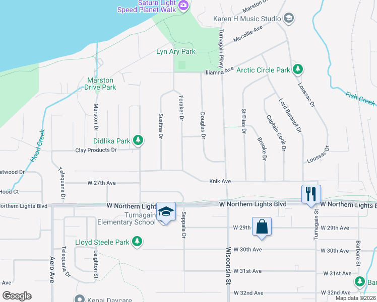 map of restaurants, bars, coffee shops, grocery stores, and more near 2551 Foraker Drive in Anchorage