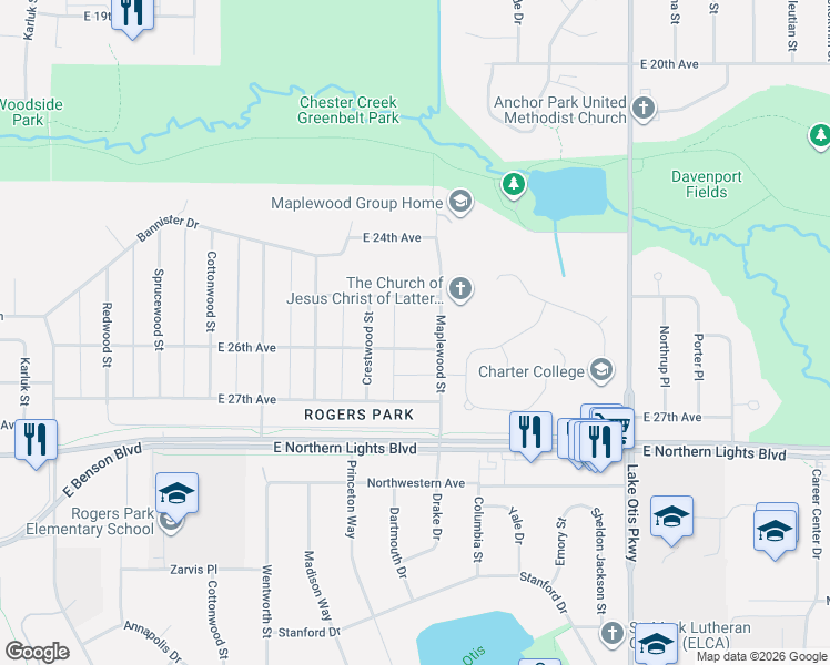 map of restaurants, bars, coffee shops, grocery stores, and more near 1834 East 26th Avenue in Anchorage