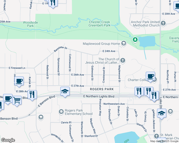 map of restaurants, bars, coffee shops, grocery stores, and more near 2613 Glenwood Street in Anchorage